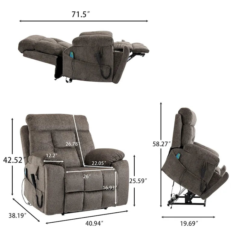 Fauteuil inclinable releveur électrique en velours gris avec massage – Une place