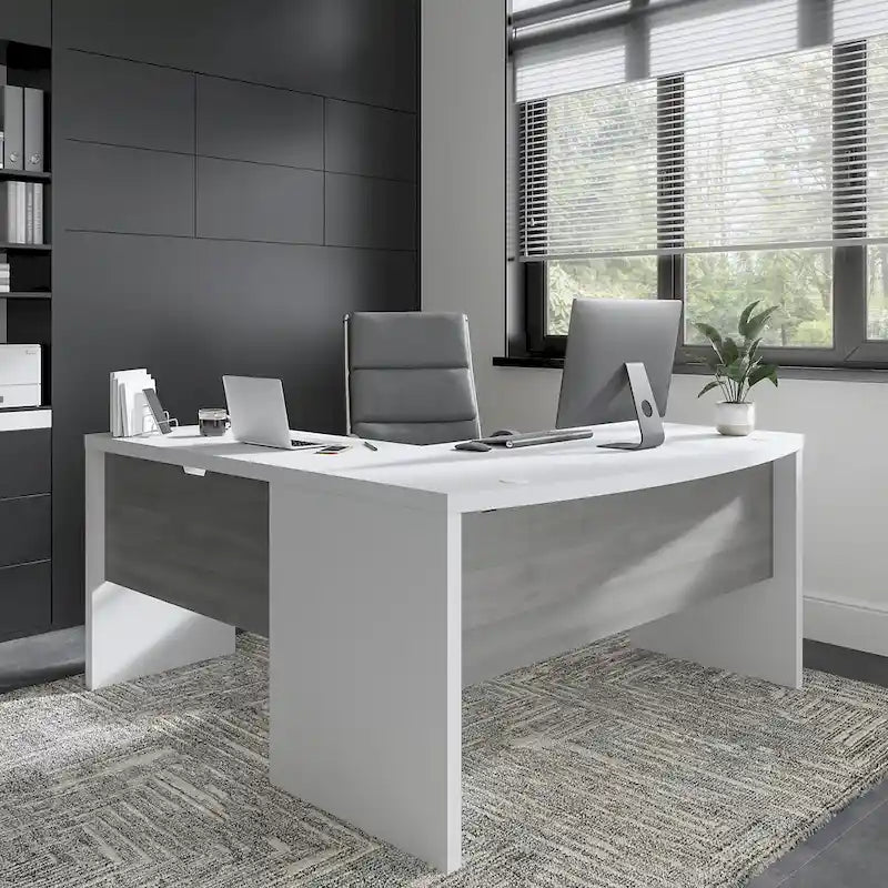 Bureau d'angle 60W, blanc pur / gris / anthracite, une personne