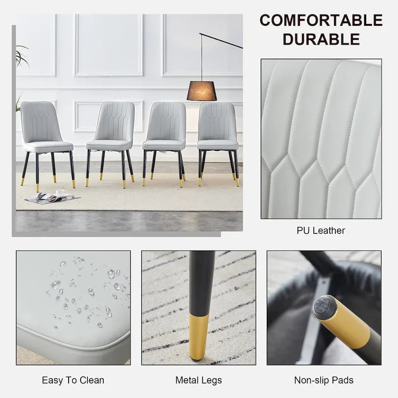 Lot de 4 chaises de salle à manger – Gris / Noir, Assise en cuir PU, Pieds en métal