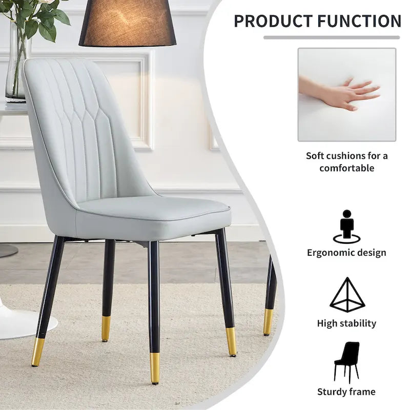 Lot de 4 chaises de salle à manger – Gris / Noir, Assise en cuir PU, Pieds en métal