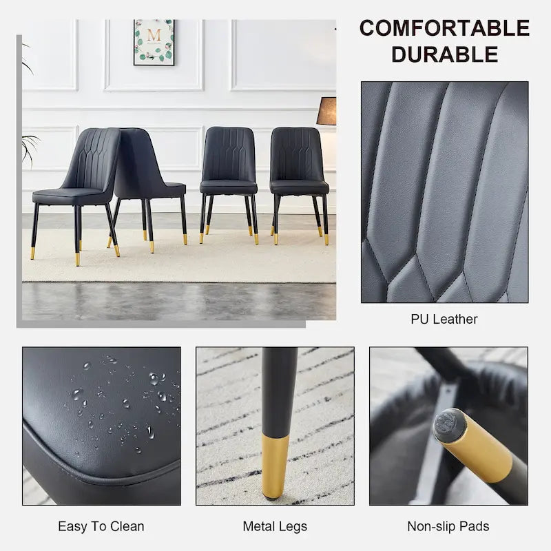 Lot de 4 chaises de salle à manger – Gris / Noir, Assise en cuir PU, Pieds en métal