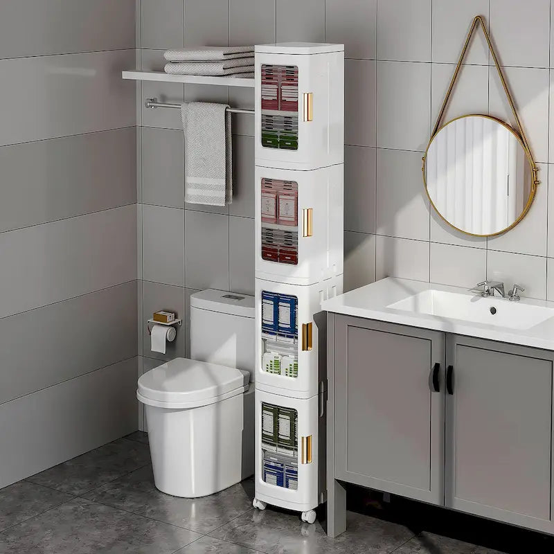 Meuble de rangement étroit blanc à 4 niveaux avec roulettes