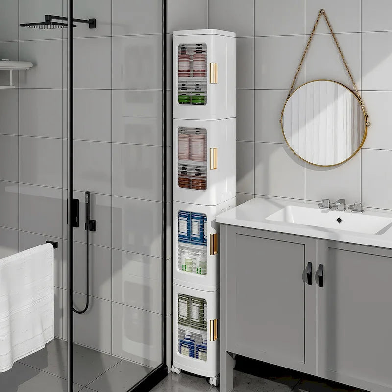 Meuble de rangement étroit blanc à 4 niveaux avec roulettes