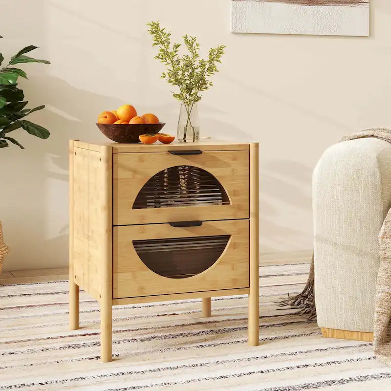 Table de chevet en bambou naturel avec tiroirs en verre cannelé, 1-2 pièces