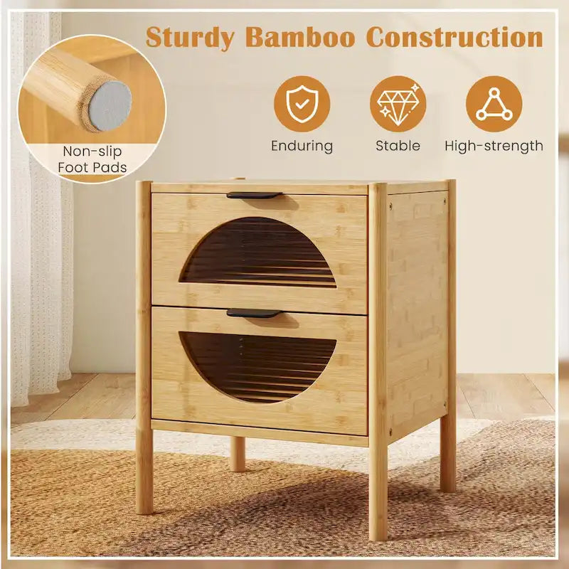 Table de chevet en bambou naturel avec tiroirs en verre cannelé, 1-2 pièces