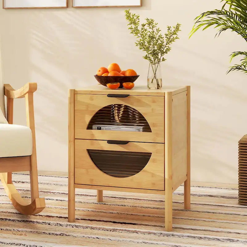 Table de chevet en bambou naturel avec tiroirs en verre cannelé, 1-2 pièces