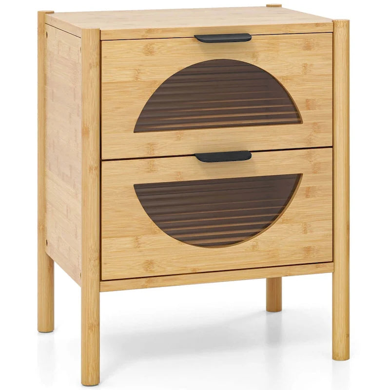 Table de chevet en bambou naturel avec tiroirs en verre cannelé, 1-2 pièces