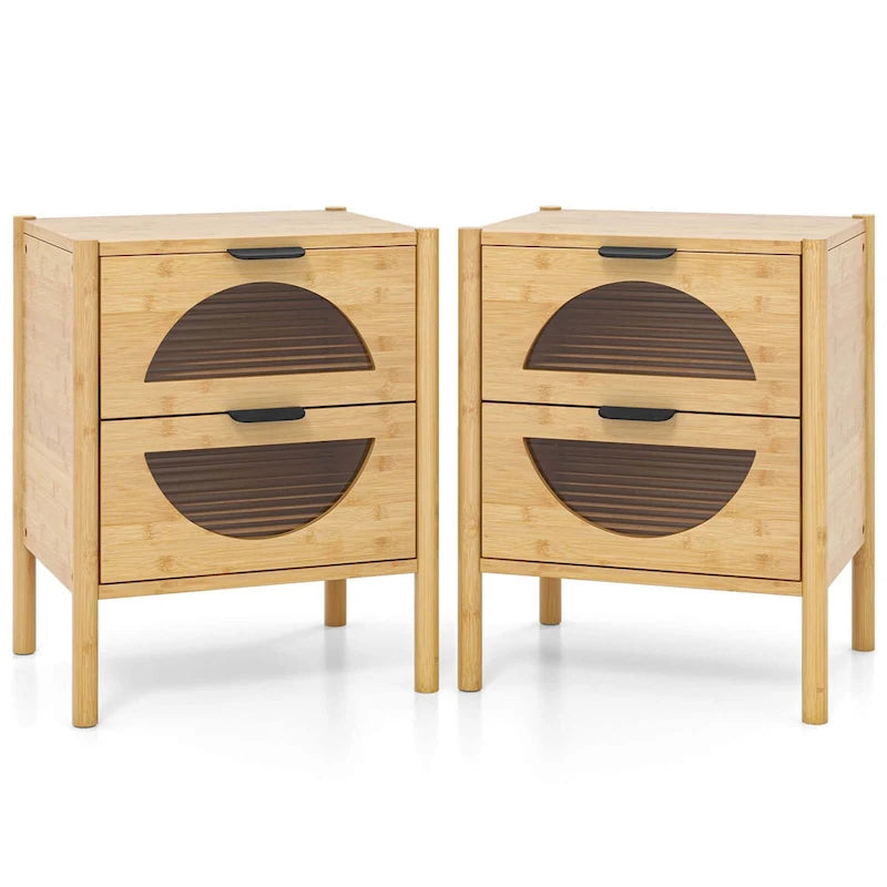 Table de chevet en bambou naturel avec tiroirs en verre cannelé, 1-2 pièces