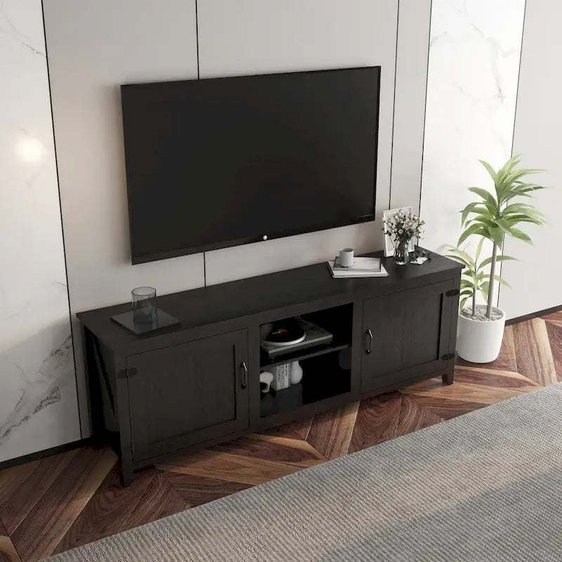 Meuble TV industriel noir avec 4 étagères ouvertes, convient aux téléviseurs jusqu'à 60", assemblage par 1 personne