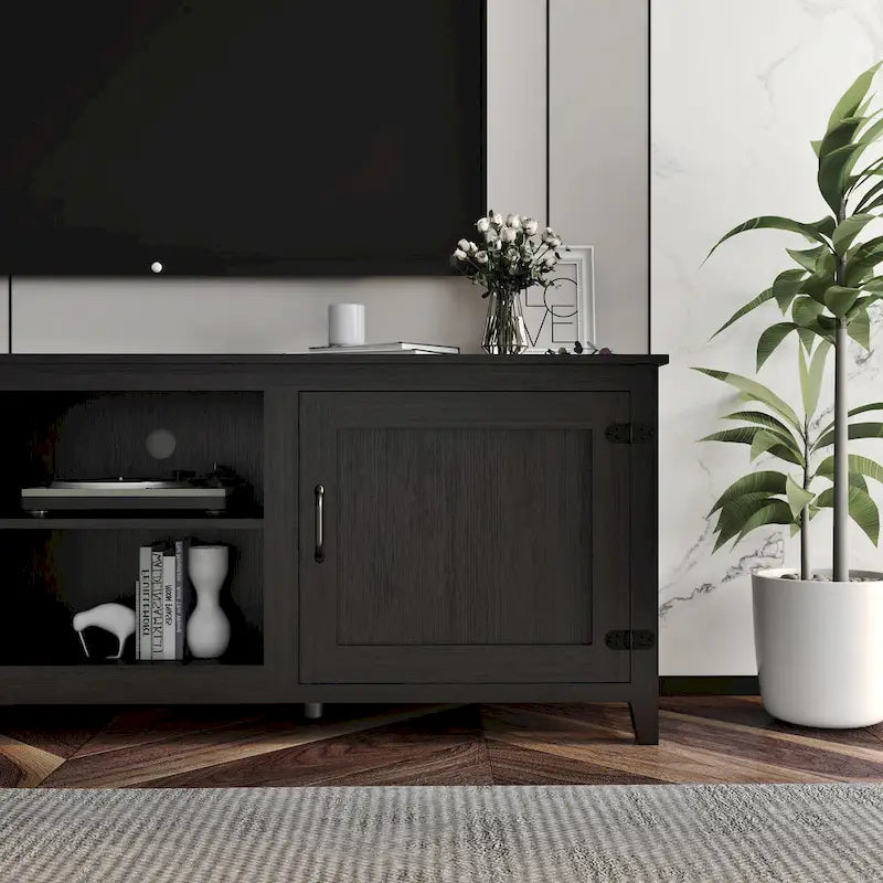Meuble TV industriel noir avec 4 étagères ouvertes, convient aux téléviseurs jusqu'à 60", assemblage par 1 personne