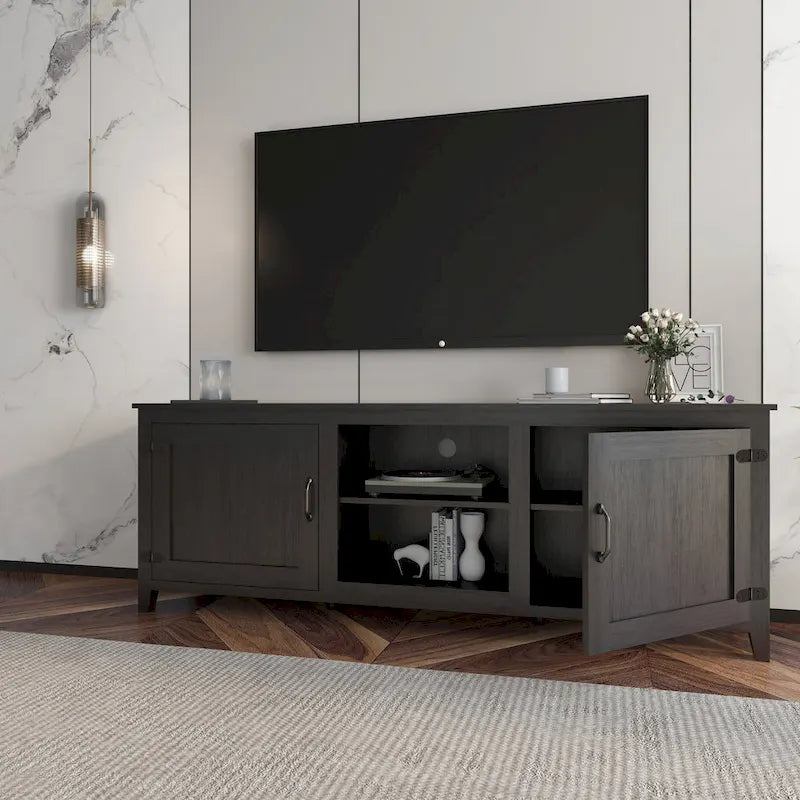 Meuble TV industriel noir avec 4 étagères ouvertes, convient aux téléviseurs jusqu'à 60", assemblage par 1 personne