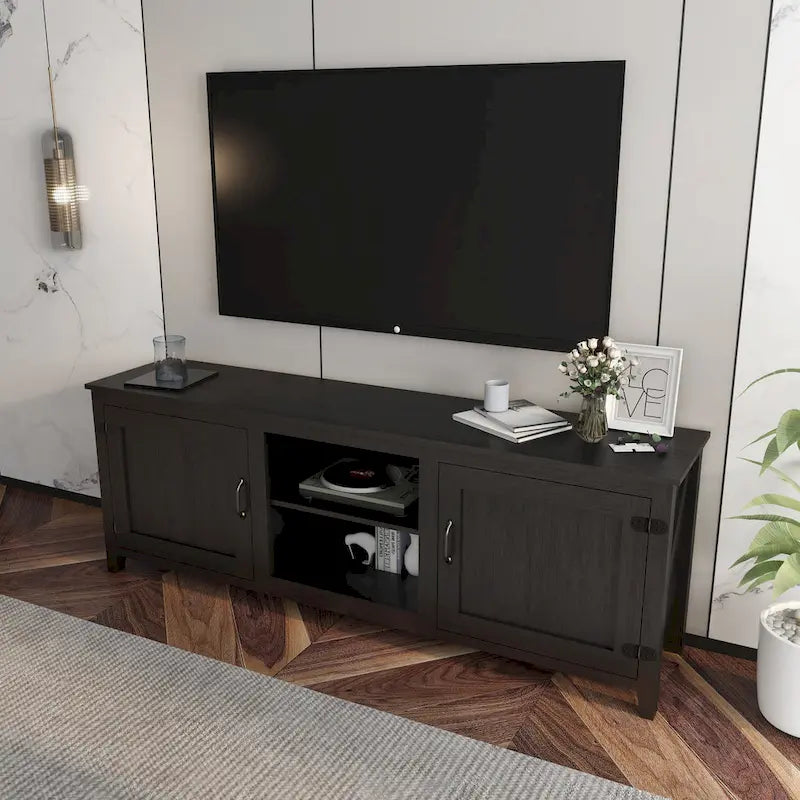 Meuble TV industriel noir avec 4 étagères ouvertes, convient aux téléviseurs jusqu'à 60", assemblage par 1 personne