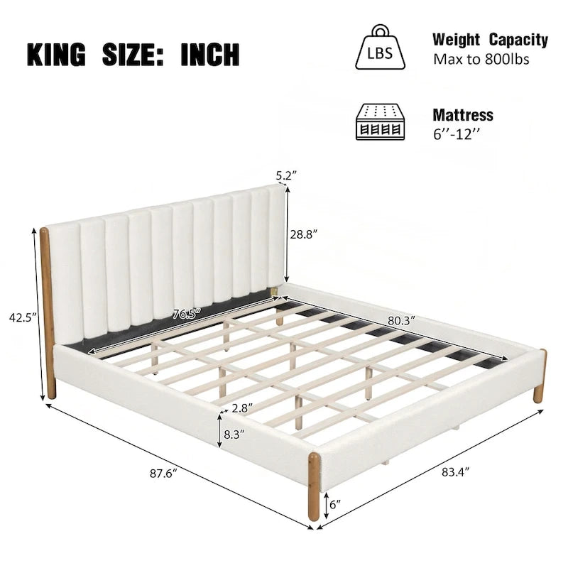 Lit KING capitonné, pieds en bois massif, 2 places