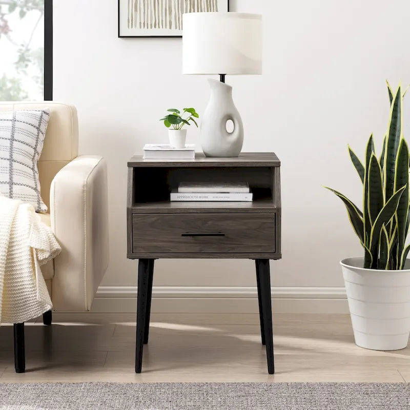 Table d'appoint moderne pour 1 personne avec tiroir et compartiment ouvert en noyer foncé/gris ardoise
