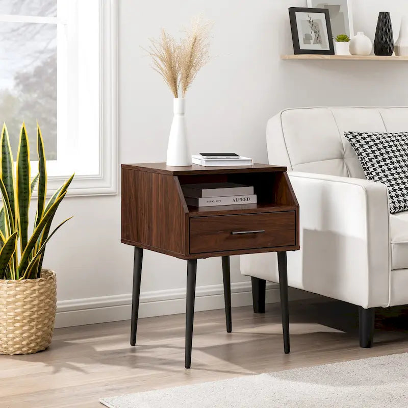 Table d'appoint moderne pour 1 personne avec tiroir et compartiment ouvert en noyer foncé/gris ardoise
