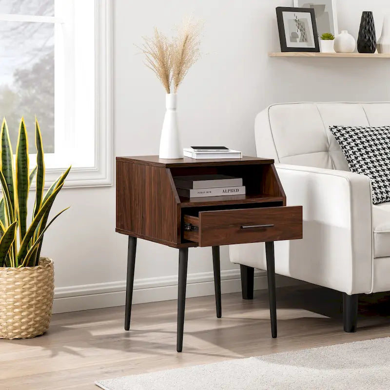 Table d'appoint moderne pour 1 personne avec tiroir et compartiment ouvert en noyer foncé/gris ardoise