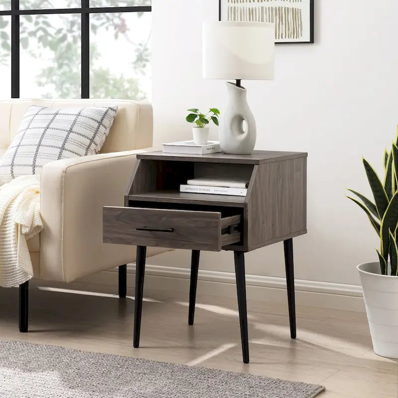 Table d'appoint moderne pour 1 personne avec tiroir et compartiment ouvert en noyer foncé/gris ardoise