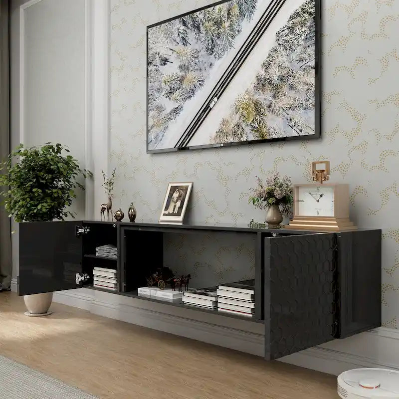 Meuble TV flottant mural 67", blanc et noir, convient aux téléviseurs jusqu'à 80"