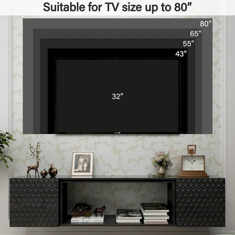 Meuble TV flottant mural 67", blanc et noir, convient aux téléviseurs jusqu'à 80"