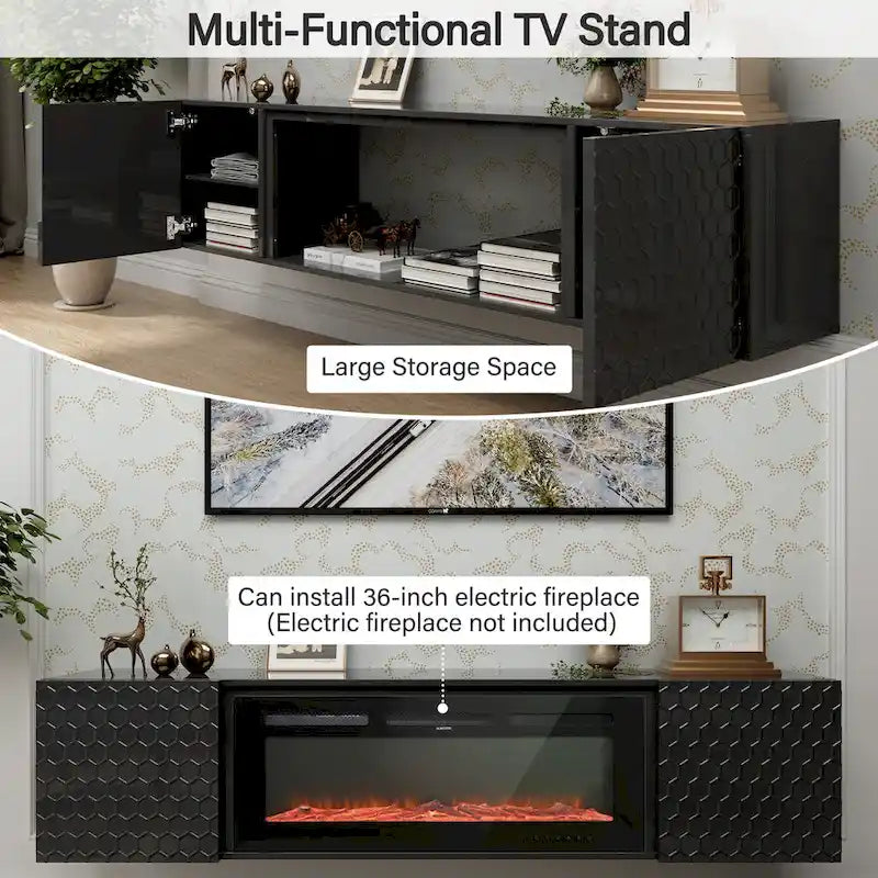 Meuble TV flottant mural 67", blanc et noir, convient aux téléviseurs jusqu'à 80"