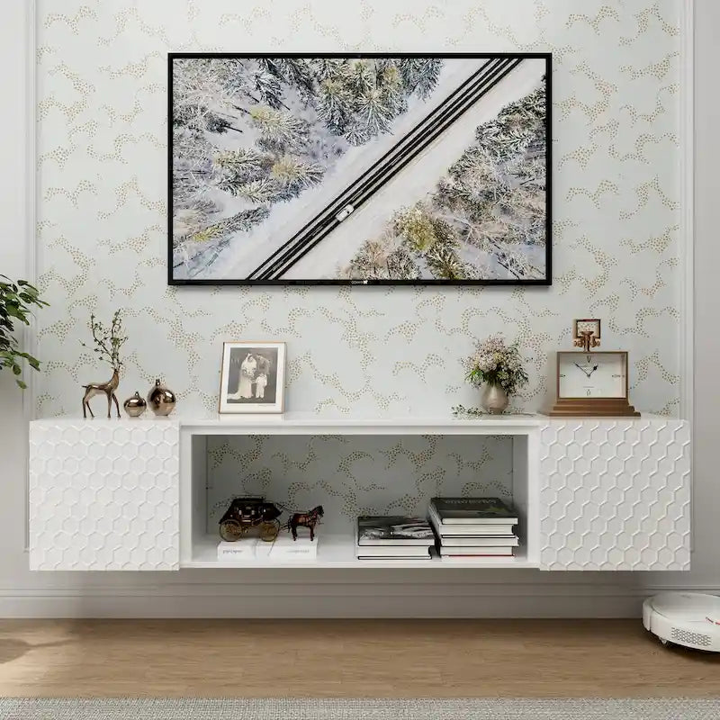 Meuble TV flottant mural 67", blanc et noir, convient aux téléviseurs jusqu'à 80"