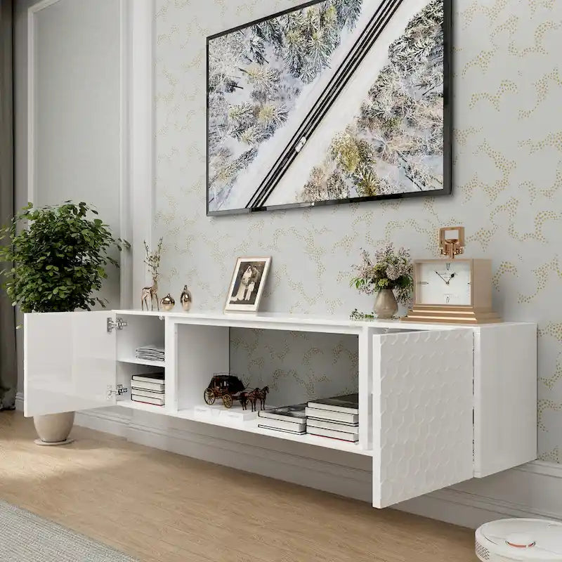 Meuble TV flottant mural 67", blanc et noir, convient aux téléviseurs jusqu'à 80"