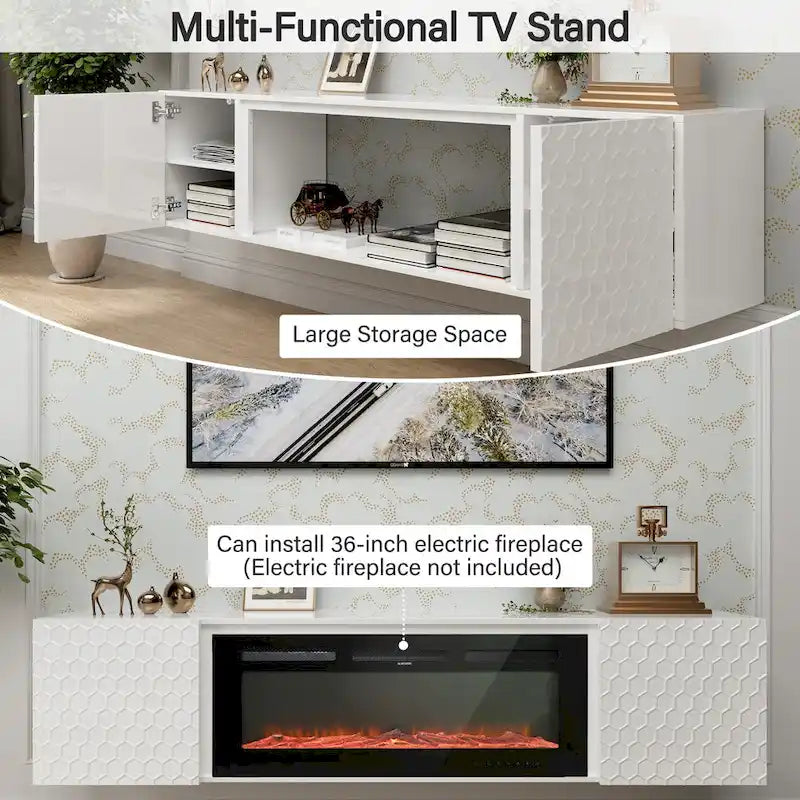 Meuble TV flottant mural 67", blanc et noir, convient aux téléviseurs jusqu'à 80"