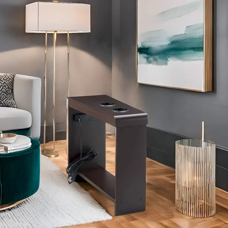 Table d'appoint à 2 niveaux avec station de charge, couleurs cerisier/expresso/noir/crème/blanc, pour 1 personne