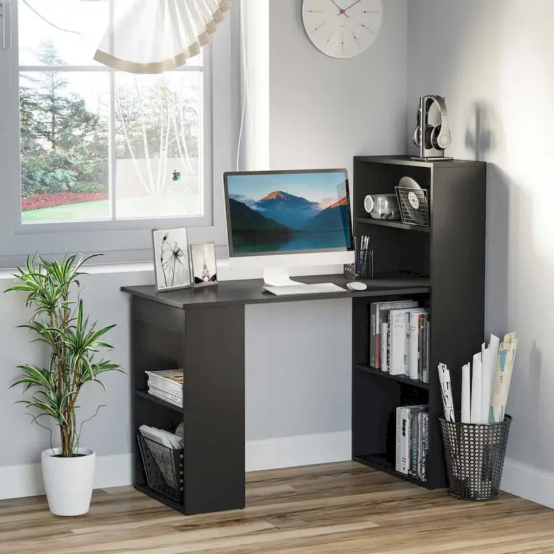 Bureau d'ordinateur noir avec bibliothèque 6 niveaux, 1 personne