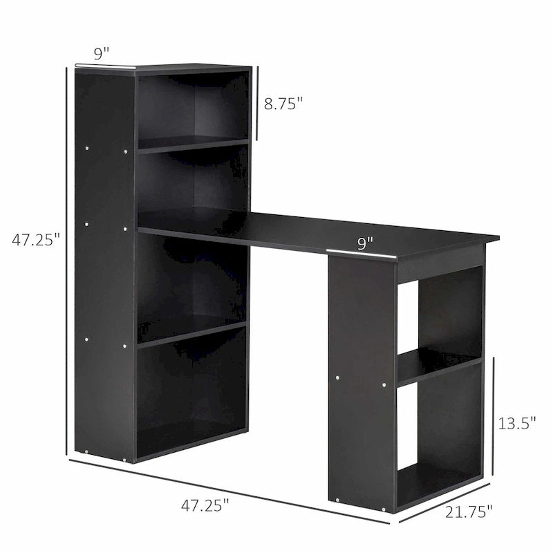 Bureau d'ordinateur noir avec bibliothèque 6 niveaux, 1 personne