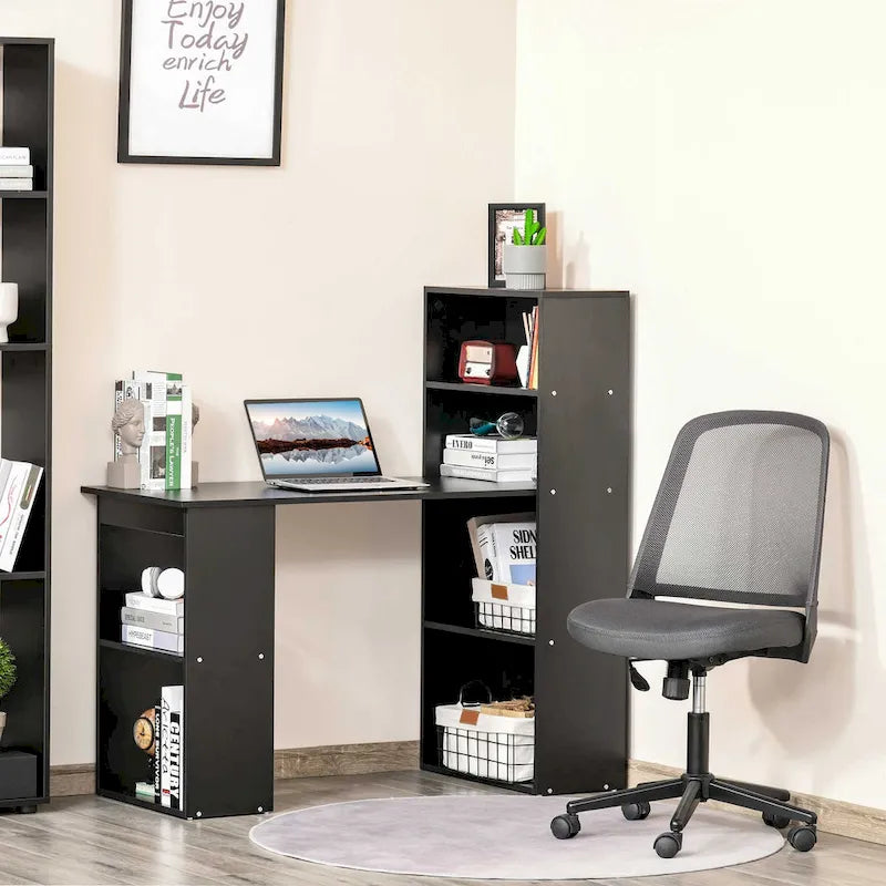 Bureau d'ordinateur noir avec bibliothèque 6 niveaux, 1 personne