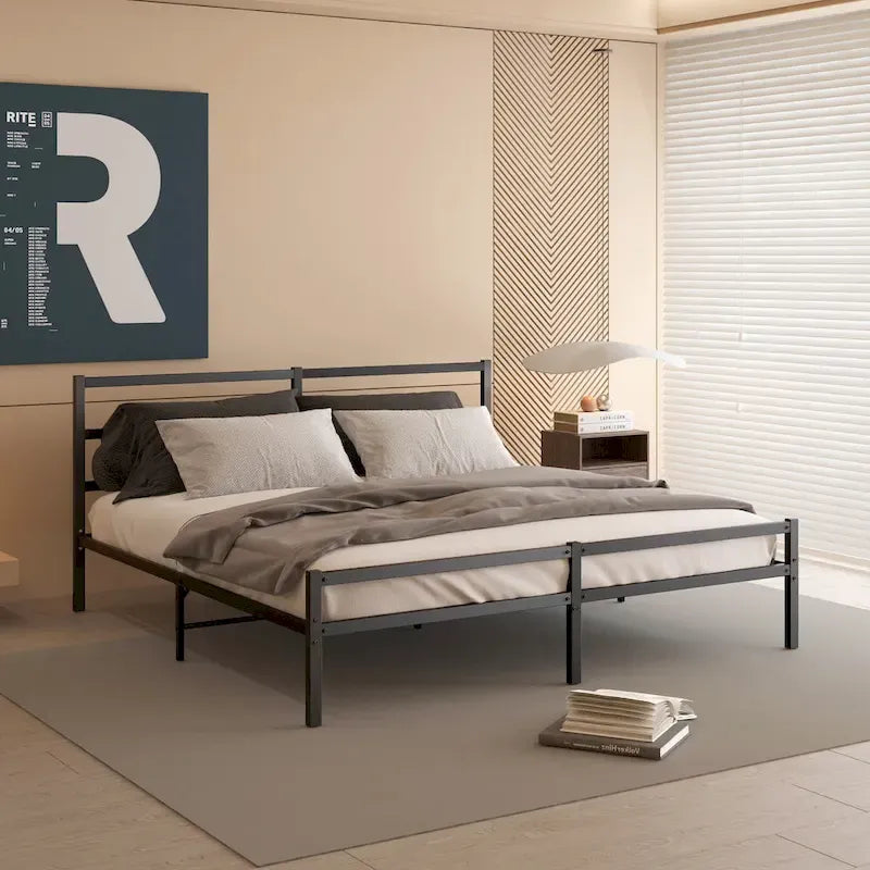 Lit plateforme King Size en métal noir avec tête de lit ondulée, convient pour 1 matelas