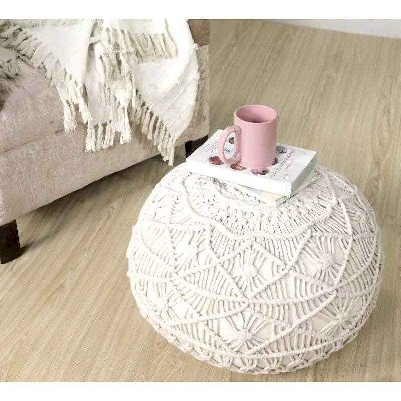 Pouf Ottoman Macramé Naturel – Noué à la Main, Assise Simple