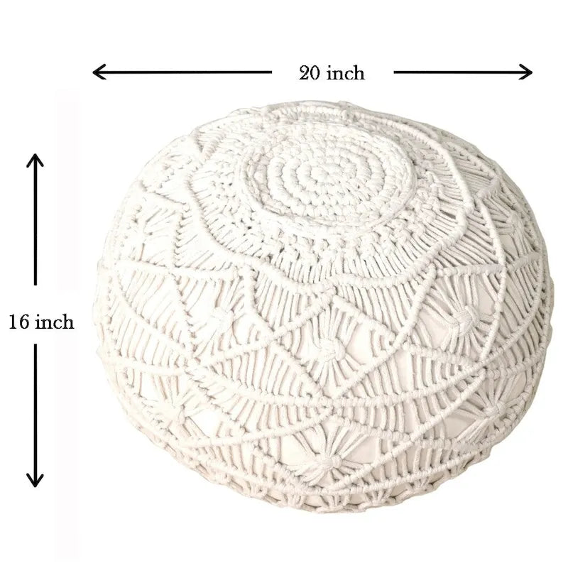 Pouf Ottoman Macramé Naturel – Noué à la Main, Assise Simple