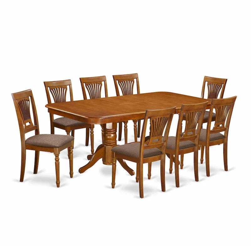 Ensemble de salle à manger 9 pièces Saddle Brown, table à rallonge et 8 chaises à lattes (assise en bois ou rembourrée), 8 places