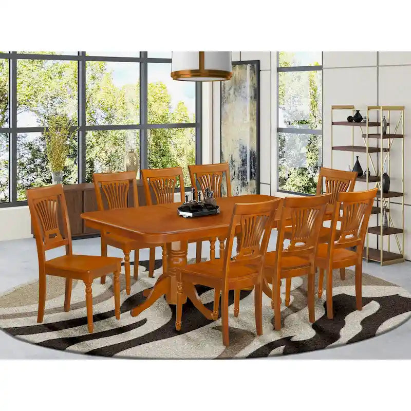 Ensemble de salle à manger 9 pièces Saddle Brown, table à rallonge et 8 chaises à lattes (assise en bois ou rembourrée), 8 places