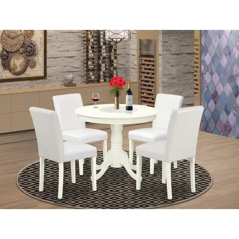 Ensemble de salle à manger rond Lin Blanc avec chaises Parson en cuir PU blanc, 3 ou 5 pièces