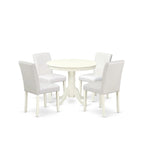 Ensemble de salle à manger rond Lin Blanc avec chaises Parson en cuir PU blanc, 3 ou 5 pièces