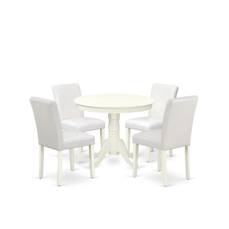 Ensemble de salle à manger rond Lin Blanc avec chaises Parson en cuir PU blanc, 3 ou 5 pièces