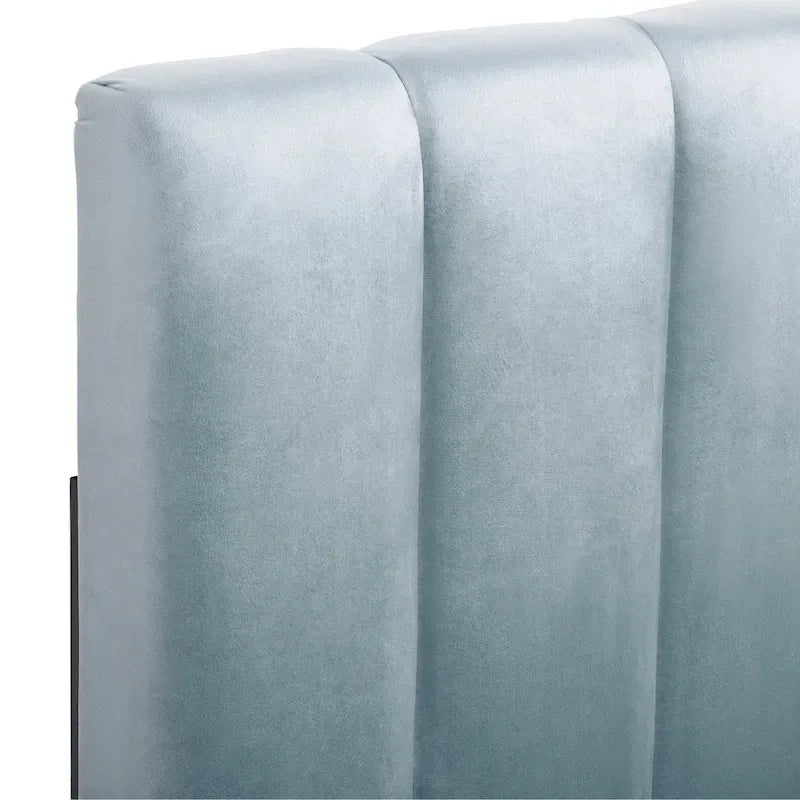 Tête de lit capitonnée en velours bleu/crème (lit King Size pour 1 ou 2 personnes)