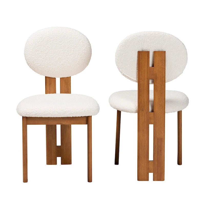 Chaise de salle à manger en tissu bouclé crème/gris et bois, lot de 2
