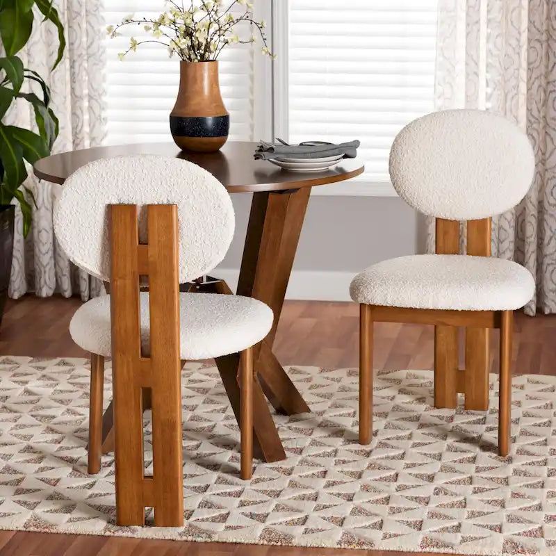 Chaise de salle à manger en tissu bouclé crème/gris et bois, lot de 2