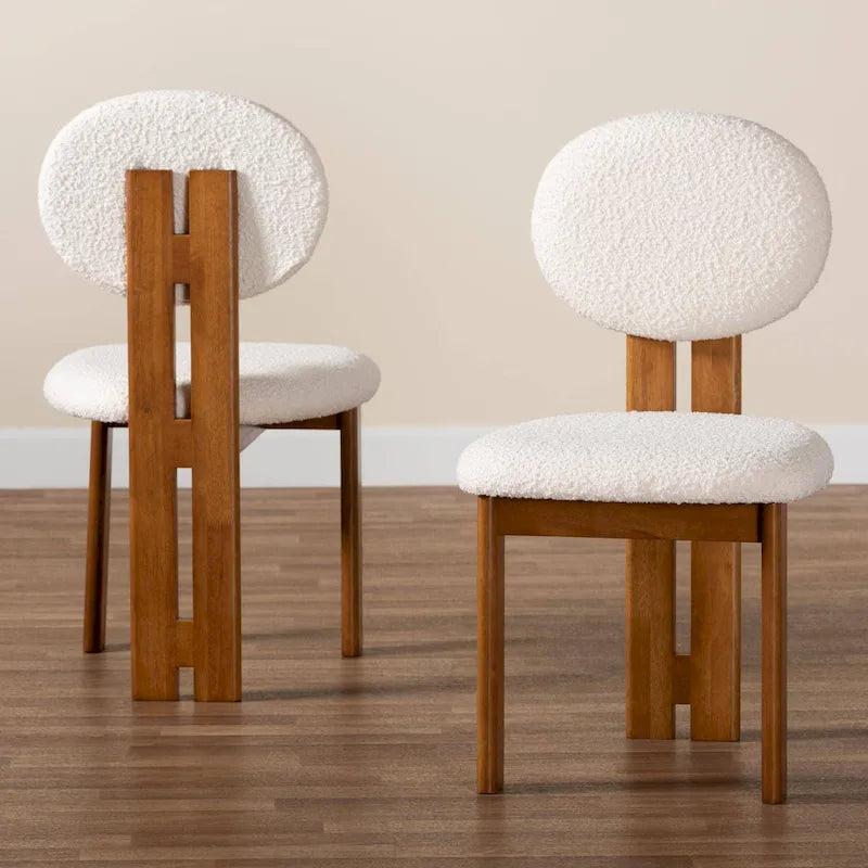 Chaise de salle à manger en tissu bouclé crème/gris et bois, lot de 2