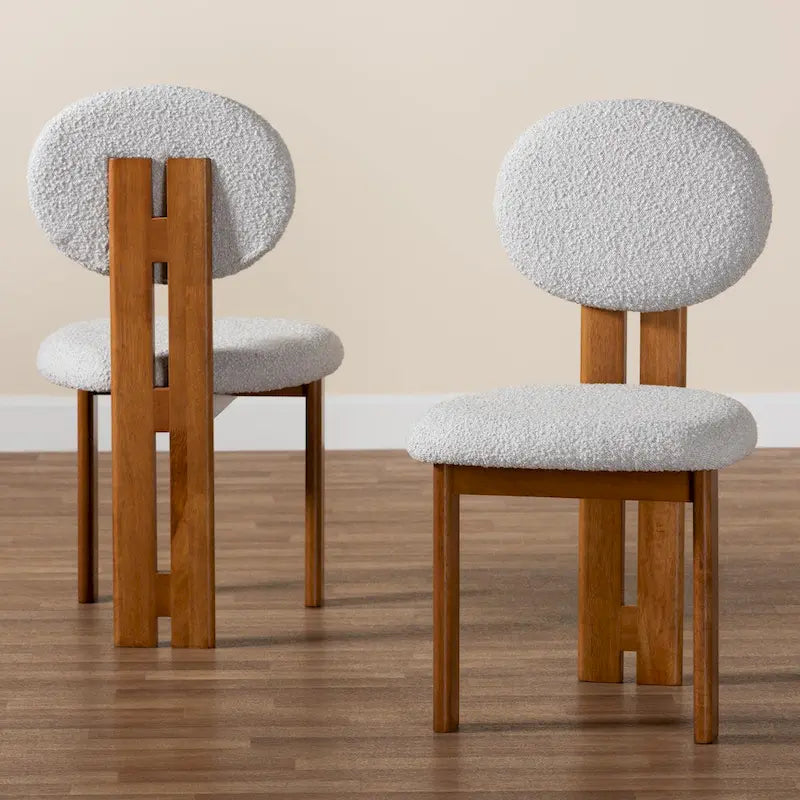 Chaise de salle à manger en tissu bouclé crème/gris et bois, lot de 2