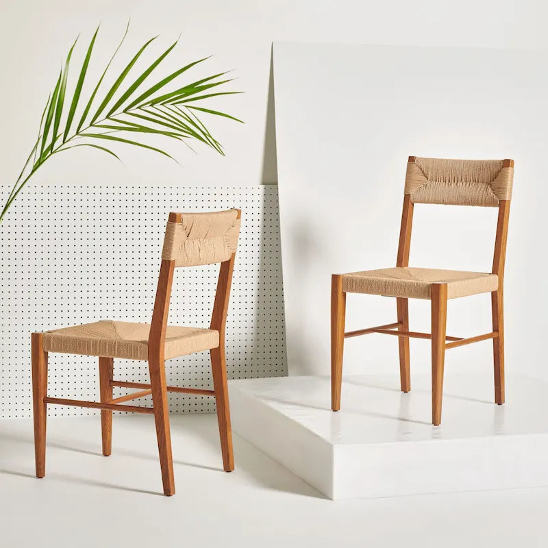 Chaise de salle à manger en rotin naturel/noir, dossier ouvert tissé, lot de 2