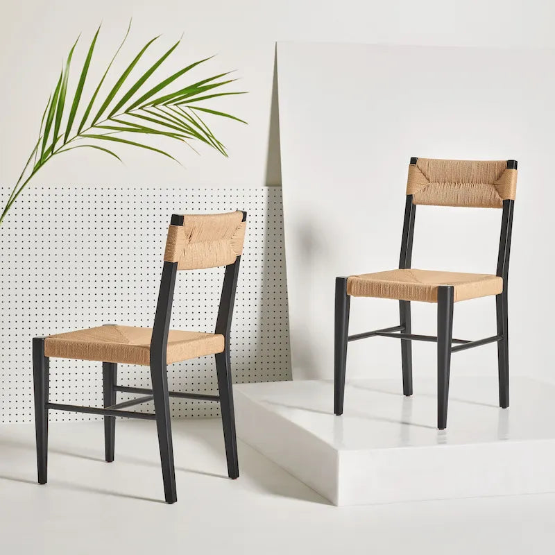 Chaise de salle à manger en rotin naturel/noir, dossier ouvert tissé, lot de 2