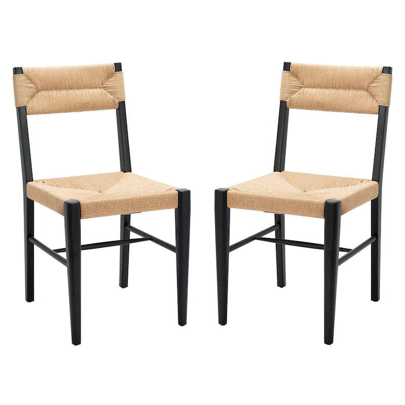 Chaise de salle à manger en rotin naturel/noir, dossier ouvert tissé, lot de 2