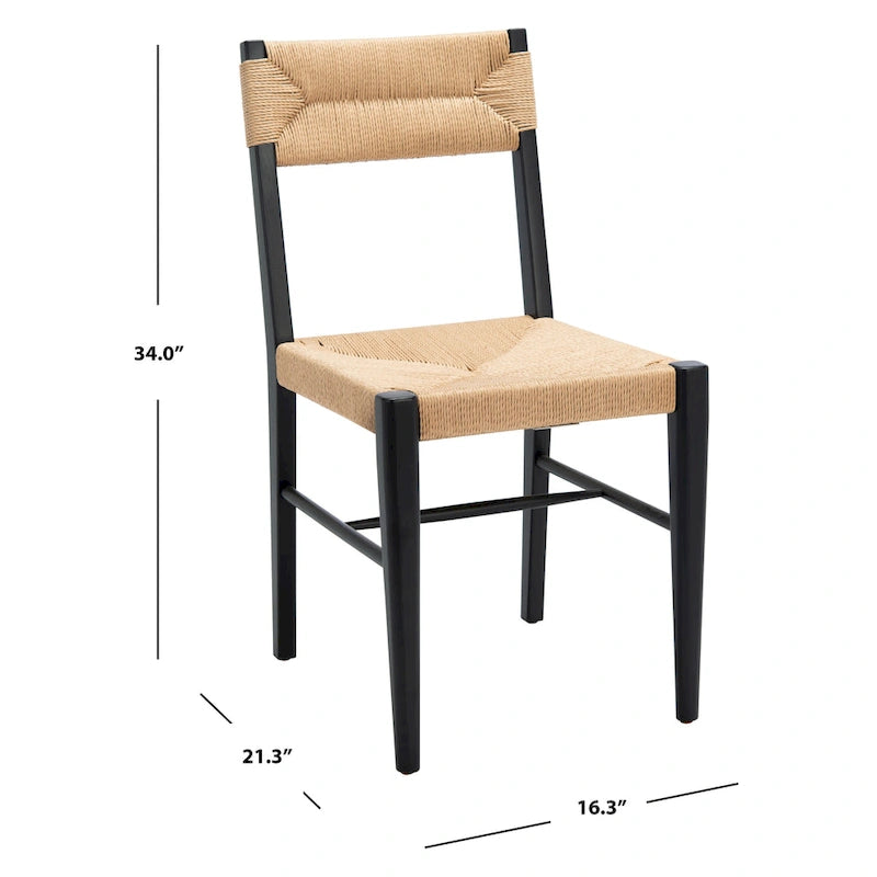 Chaise de salle à manger en rotin naturel/noir, dossier ouvert tissé, lot de 2