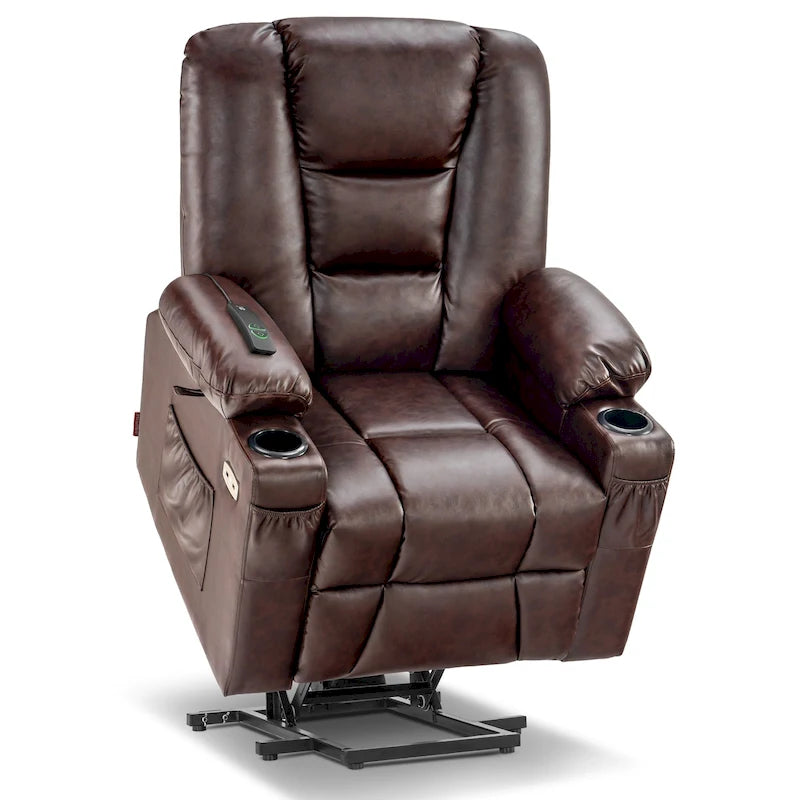 Fauteuil inclinable releveur électrique en similicuir marron foncé/marron clair/rouge avec massage et chauffage – Une place