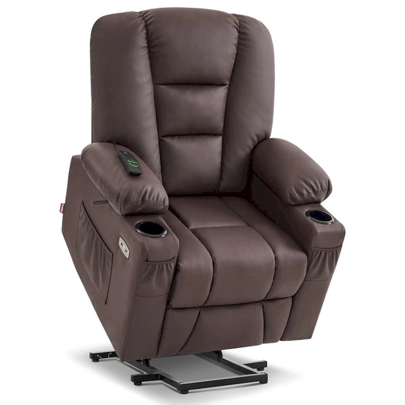Fauteuil inclinable releveur électrique en similicuir marron foncé/marron clair/rouge avec massage et chauffage – Une place